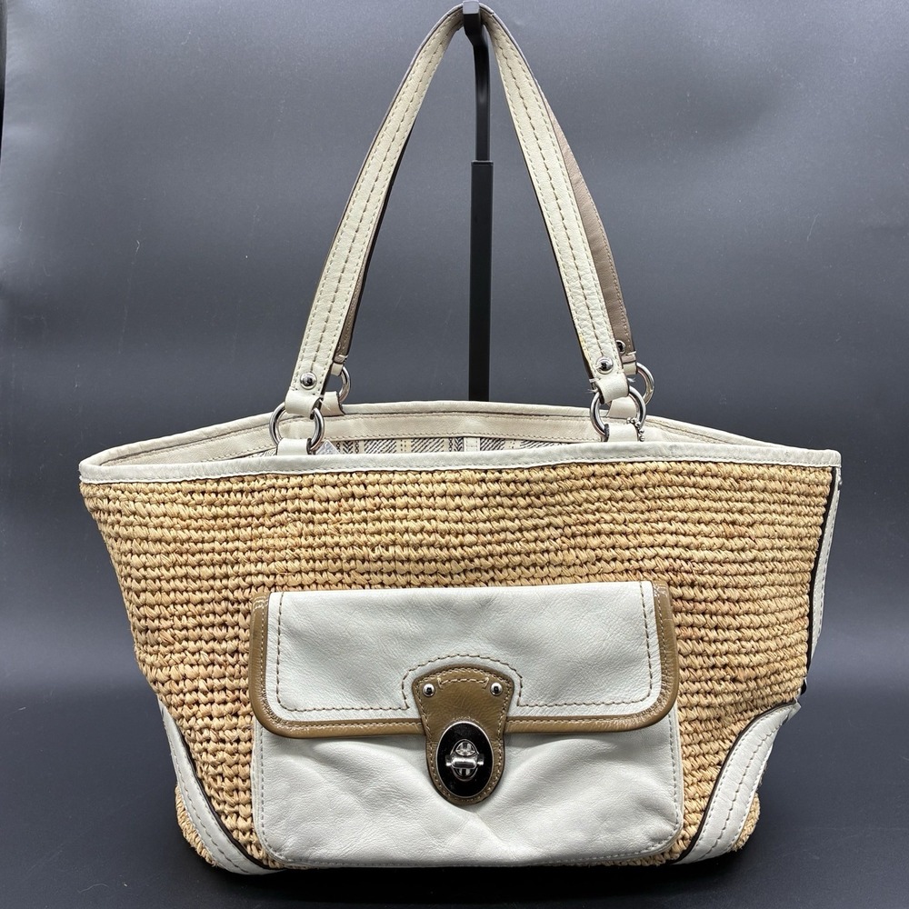 Coach Straw Tote Shoulder Bag 22904 Cream Leather Trim Y2K